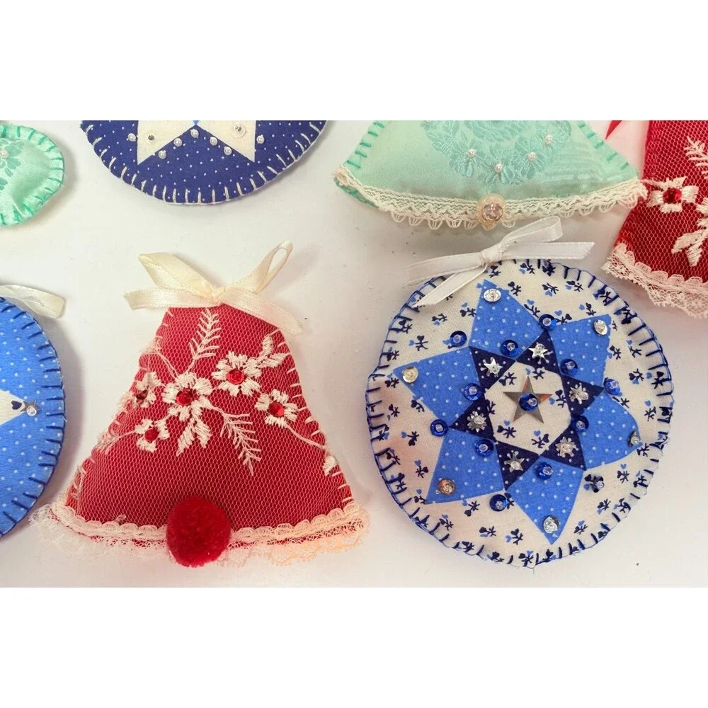 Vintage Lot of 8 Cloth Hand Sewn Beaded Embroidered Puffy Christmas Ornaments